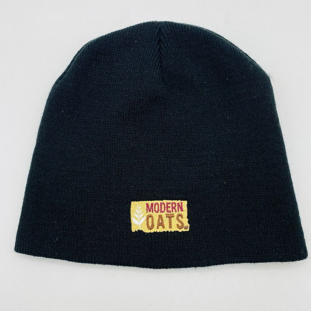 Modern Oats Logo Plain Black Winter Machine Knit Skully Beanie Hat